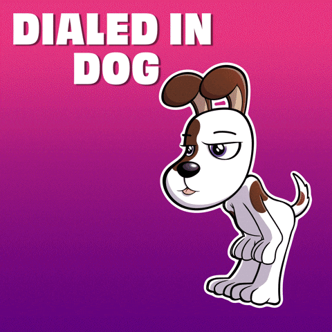 A Cartoon Dog Is Standing In Front Of A Pink And Purple Background That Says Dialed In Dog GIF
