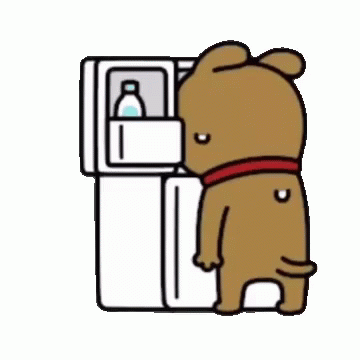 A Cartoon Dog Is Standing In Front Of A Refrigerator With A Bottle Of Water In It . GIF