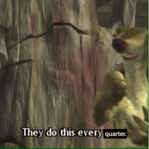 A Cartoon Dog Is Standing Next To A Tree And Says They Do This Every Quarter GIF