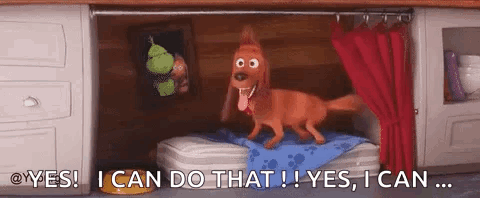 A Cartoon Dog Is Standing On A Bed In A Room With The Words `` I Can Do That ! '' GIF