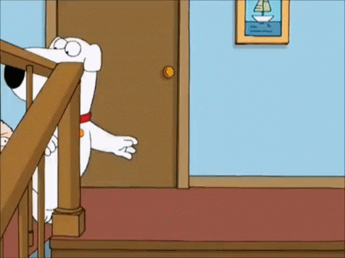 A Cartoon Dog Is Walking Down A Set Of Stairs With A Picture Of A Sailboat On The Wall Behind Him GIF