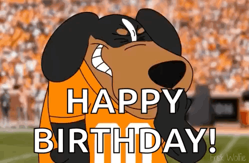 A Cartoon Dog Is Wearing An Orange And Black Jersey And Saying `` Happy Birthday '' . GIF