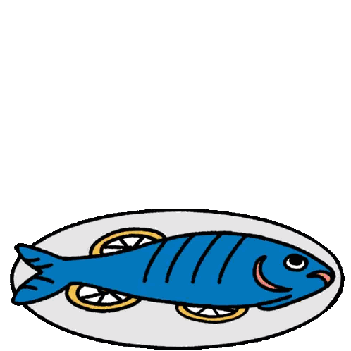 a cartoon dog licking its lips while looking at a plate of fish