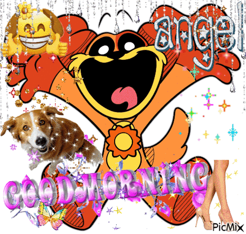 A Cartoon Dog Says Good Morning With A Dog And A Woman 'S Legs GIF
