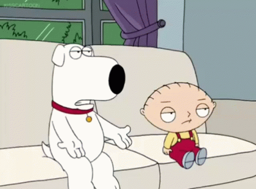 A Cartoon Dog Sitting On A Couch Next To A Baby Sitting On A Couch GIF