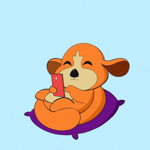 Cartoon Dog Sitting On Purple Pillow With Heart Speech Bubble GIF
