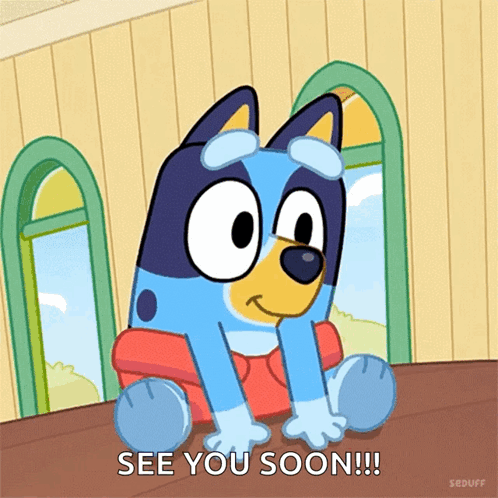 A Cartoon Dog Sitting On A Table With The Words See You Soon GIF