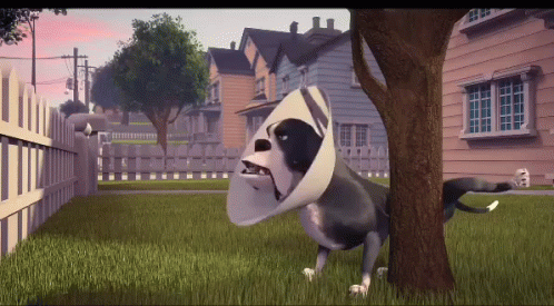 A Cartoon Dog Wearing A Cone Around Its Neck Is Standing Next To A Tree GIF