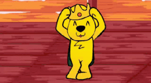 a cartoon dog wearing a crown and a cape is standing on a wooden floor .