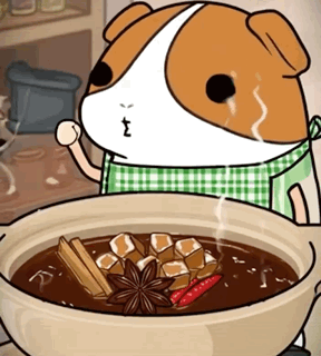 A Cartoon Dog Wearing A Green Apron Is Standing Next To A Bowl Of Soup GIF
