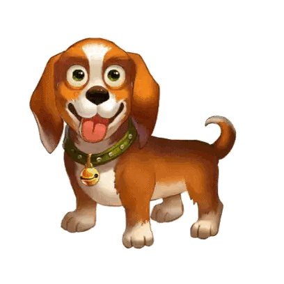 a cartoon dog wearing a green collar and a bell around his neck