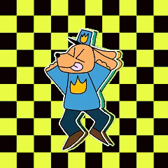 A Cartoon Dog Wearing A Hat And A Blue Shirt Is Dancing On A Checkered Background . GIF