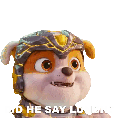 a cartoon dog wearing a helmet with the words " did he say lunch " below it