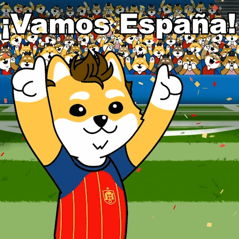 A Cartoon Dog Wearing A Jersey That Says Vamos Espana On It GIF