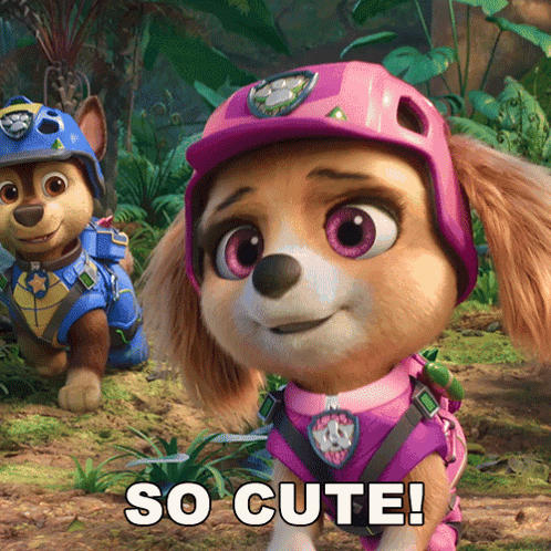 A Cartoon Dog Wearing A Pink Helmet With The Words " So Cute " Below It GIF