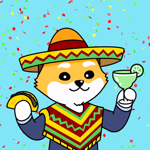 A Cartoon Dog Wearing A Sombrero Holding A Margarita And A Taco GIF