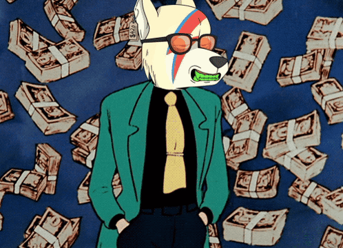 A Cartoon Dog Wearing A Suit And Tie With Stacks Of Money Around Him GIF