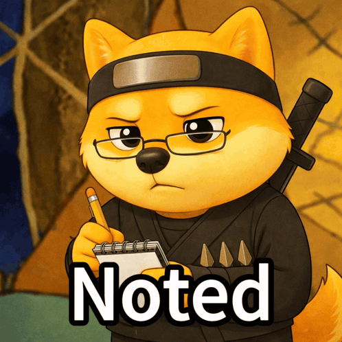 A Cartoon Dog Wearing Glasses And A Headband Is Holding A Notepad With The Word Noted Written On It GIF