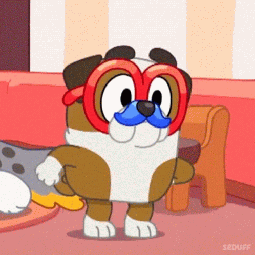 A Cartoon Dog Wearing Glasses And A Mustache Is Standing Next To A Chair . GIF