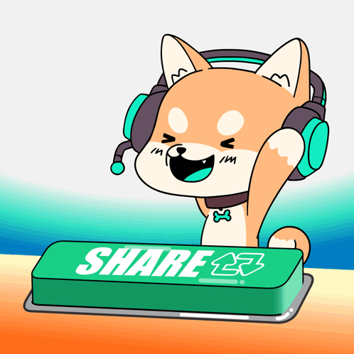 A Cartoon Dog Wearing Headphones And A Bow Tie Is Pressing A Share Button GIF