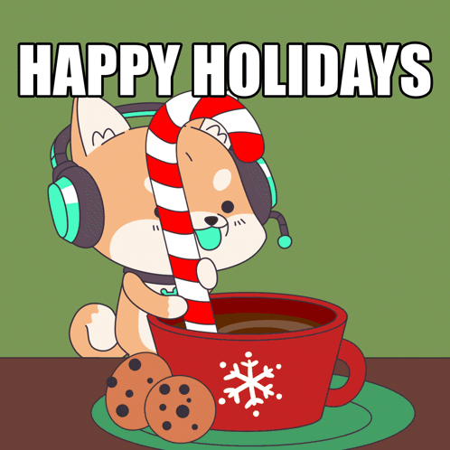 A Cartoon Dog Wearing Headphones Is Holding A Candy Cane And A Cup Of Coffee GIF