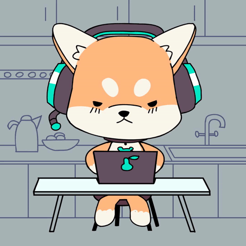 A Cartoon Dog Wearing Headphones Is Sitting At A Desk With A Laptop GIF