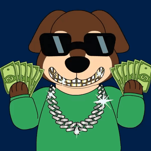 A Cartoon Dog Wearing Sunglasses And A Chain Is Holding Money In His Hands GIF