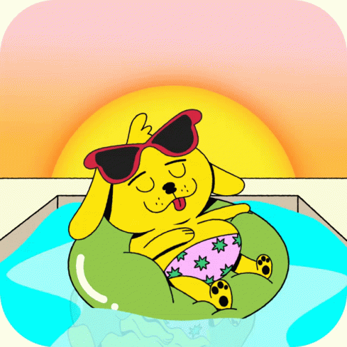 a cartoon dog wearing sunglasses is floating in a pool with the words happy labor day written above it