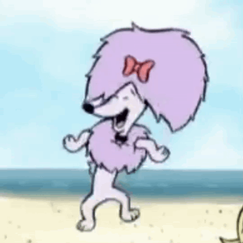 A Cartoon Dog With A Bow On Its Head Is Dancing On A Beach . GIF