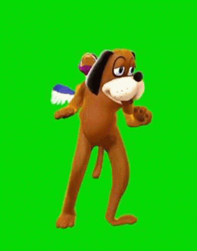 a cartoon dog with a duck on its head is standing in a cloud on a green screen .