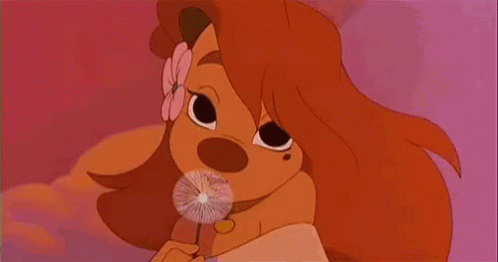 A Cartoon Dog With A Flower In Her Hair Is Blowing Dandelions In The Air . GIF