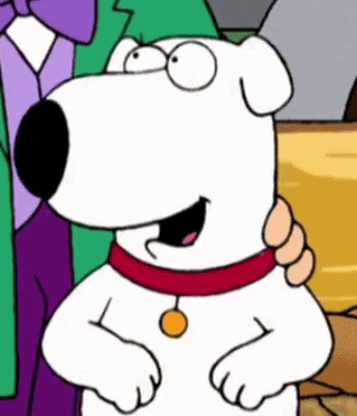 A Cartoon Dog With A Red Collar Is Smiling And Standing Next To A Man In A Suit . GIF