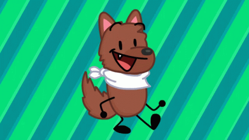 A Cartoon Dog With A Scarf Around Its Neck Is Smiling On A Green And Blue Striped Background GIF
