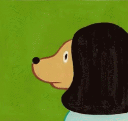 A Cartoon Dog With Long Black Hair Is Looking At Something GIF