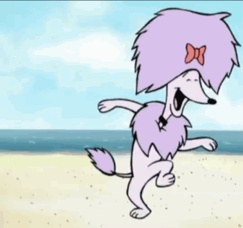 A Cartoon Dog With Purple Hair And A Pink Bow On Its Head Is Dancing On The Beach GIF
