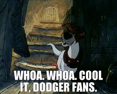 a cartoon dog with the words whoa whoa cool it dodger fans below it