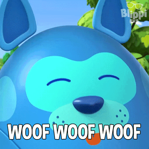 A Cartoon Dog With The Words Woof Woof Woof Written On It GIF