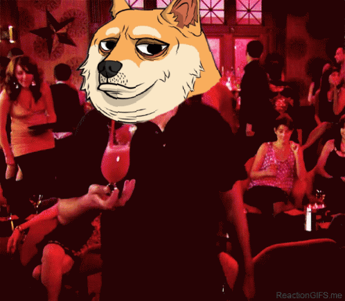 A Cartoon Doge Is Holding A Glass Of Wine In A Crowded Room GIF
