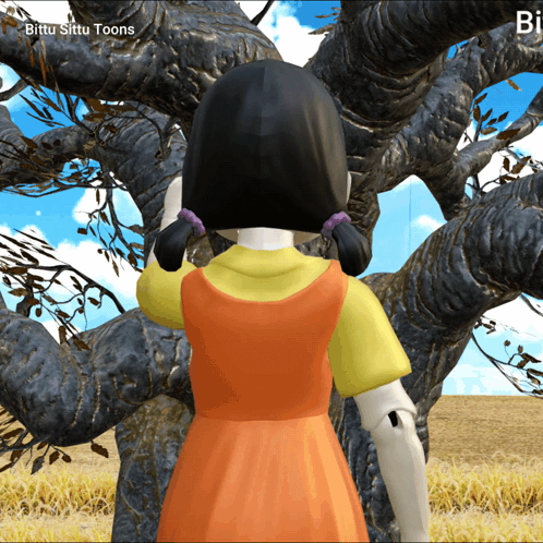A Cartoon Doll Is Standing In Front Of A Tree With The Words Bittu Sittu Toons On The Bottom Left GIF