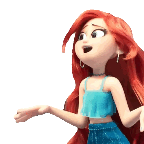 a cartoon doll with red hair is wearing a blue top and blue jeans