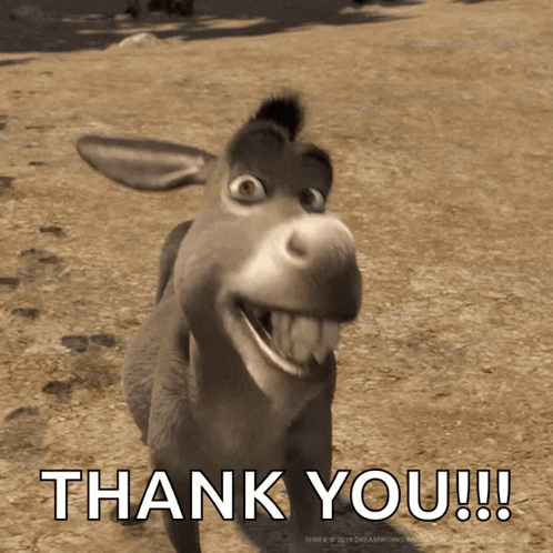A Cartoon Donkey Is Smiling And Says Thank You !!! GIF