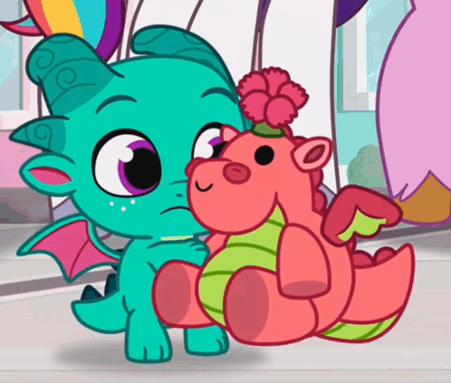 a cartoon dragon is holding a stuffed animal with a flower in its hair