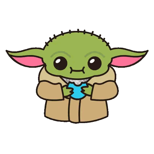 a cartoon drawing of a baby yoda holding a blue object in his hands
