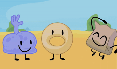 A Cartoon Drawing Of A Bag A Donut And A Purple Cloud GIF