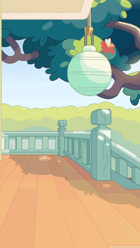 A Cartoon Drawing Of A Balcony With A Light Hanging From A Tree Branch GIF