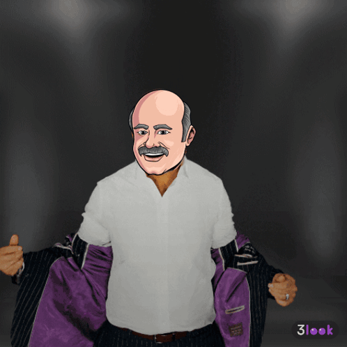 A Cartoon Drawing Of A Bald Man With A Mustache And A White Shirt With A Purple Lining GIF