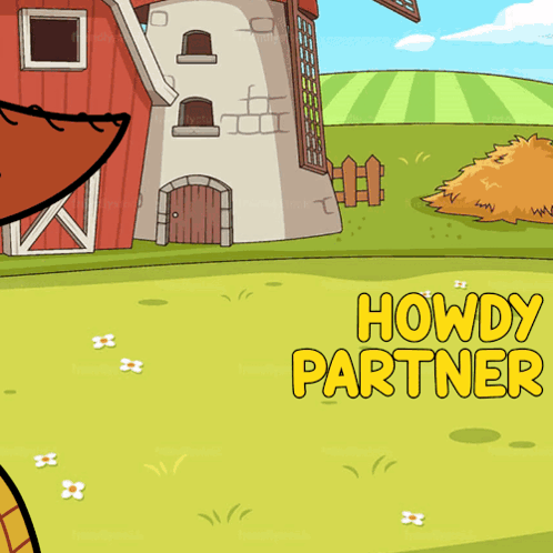 A Cartoon Drawing Of A Barn And Windmill With The Words Howdy Partner On The Bottom GIF