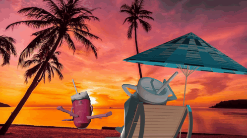 A Cartoon Drawing Of A Beach Scene With Palm Trees And Umbrella GIF