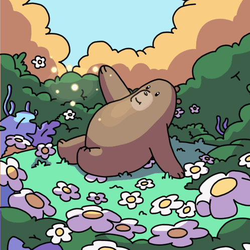 A Cartoon Drawing Of A Bear Laying On Its Back In A Field Of Flowers GIF