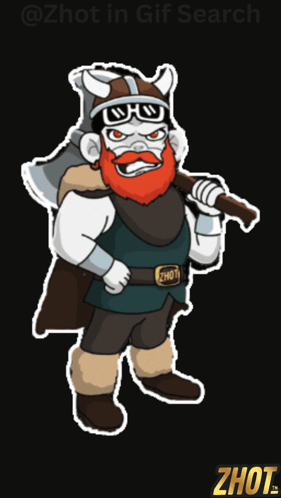A Cartoon Drawing Of A Bearded Man Holding An Axe With The Word Zhot On The Bottom Right GIF